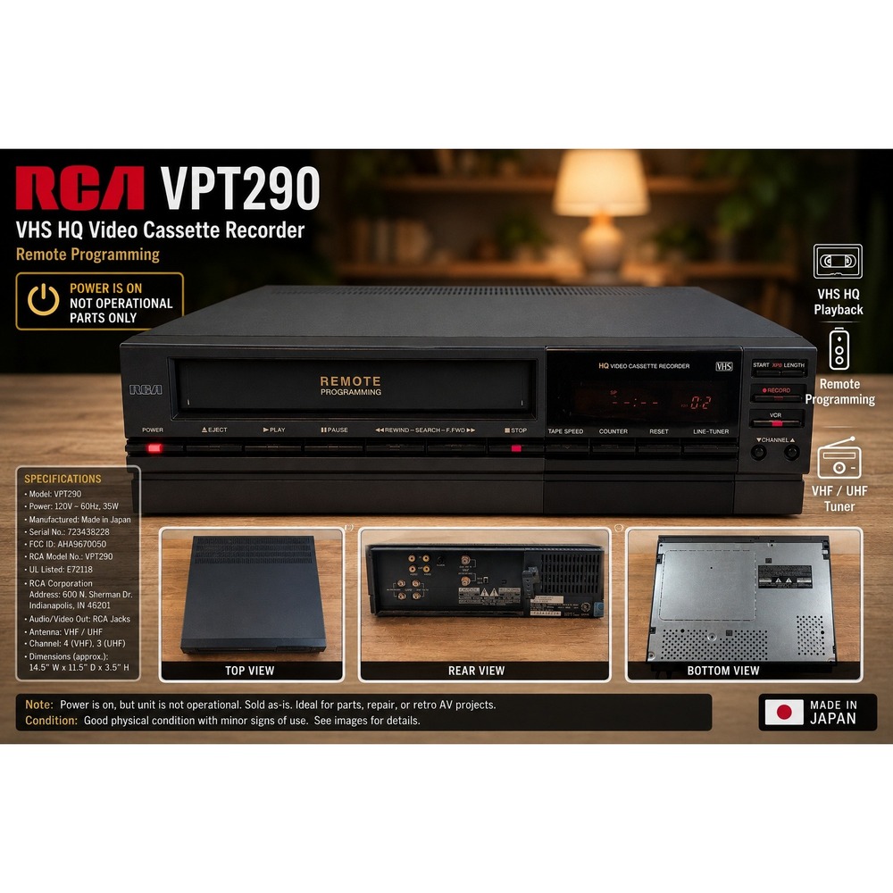 RCA VPT290 VHS VCR Video Cassette Recorder VTG (Powers on, parts only)